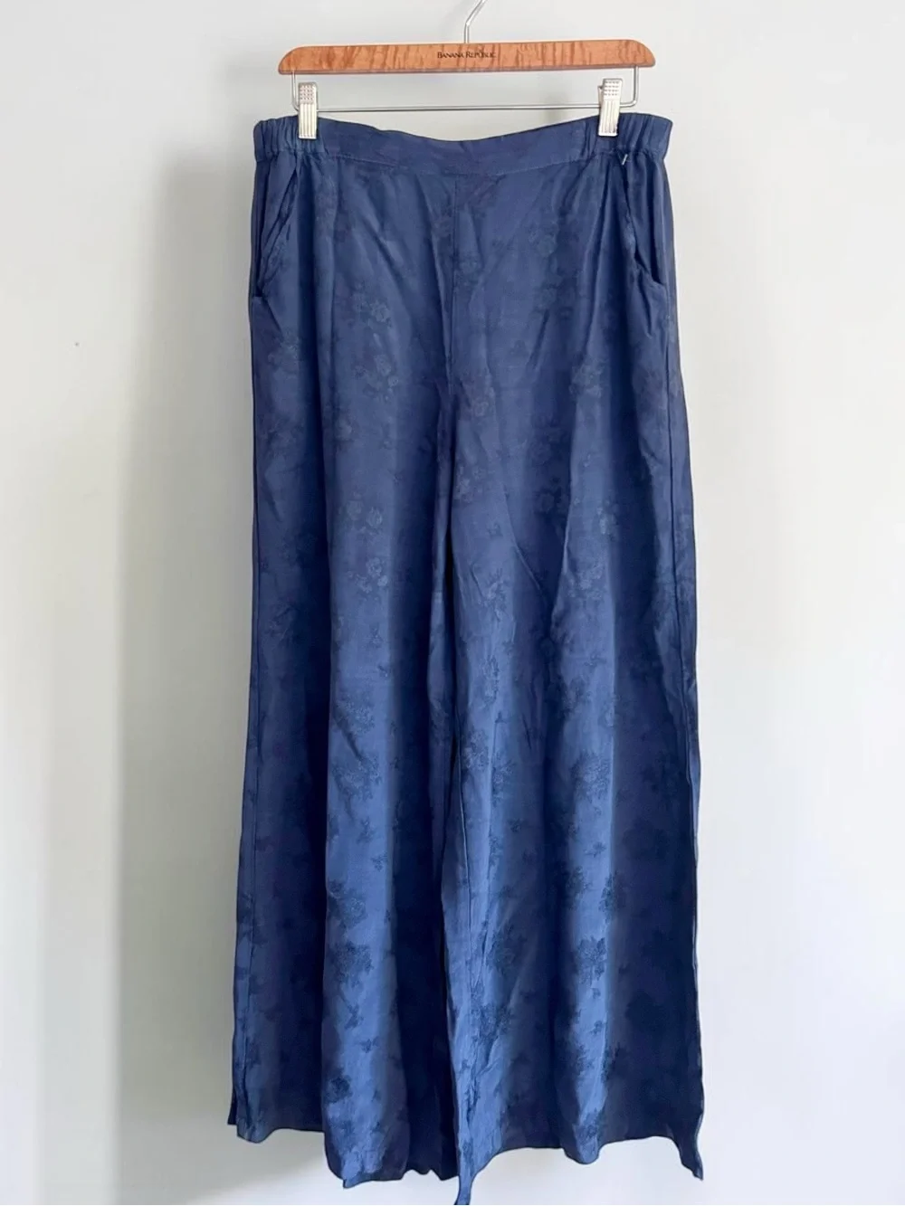 CP Shades Vintage 100% Rayon Floral Jacquard Wide Leg Pants Blue Sz L Made USA